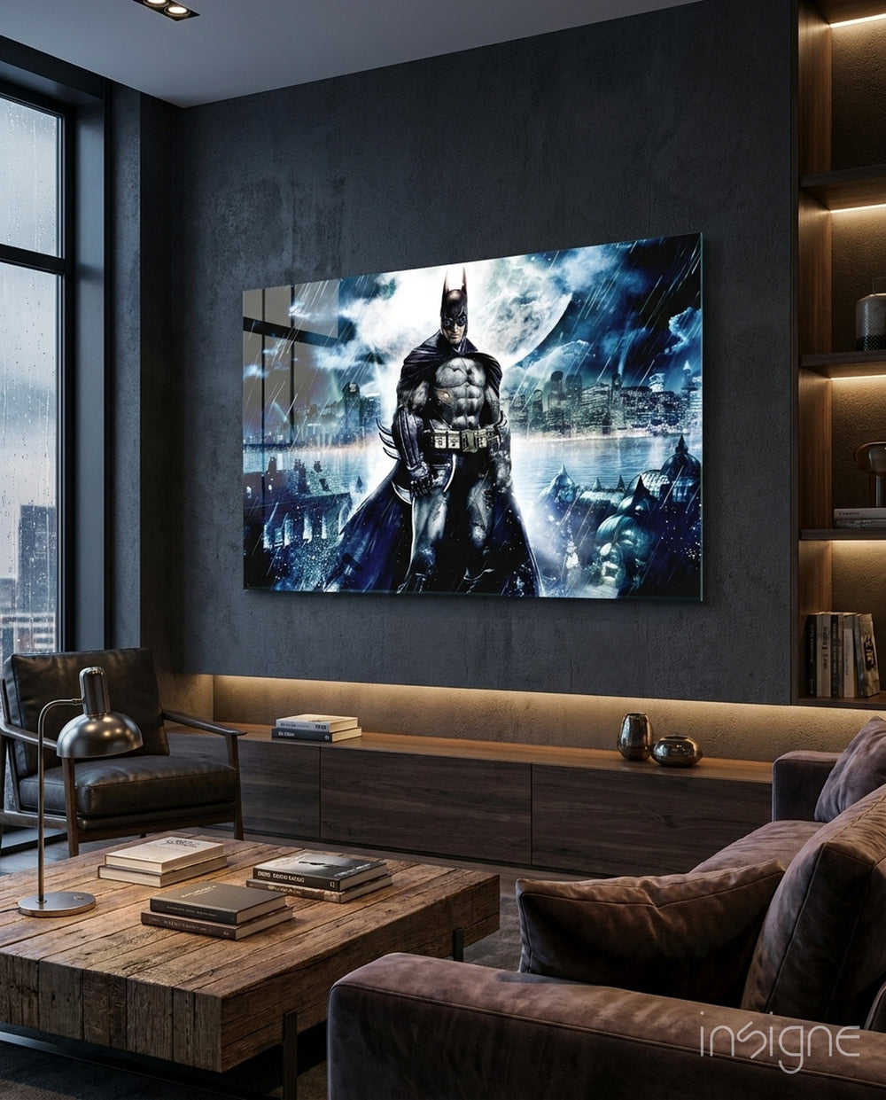 Batman Rooftop glass wall art in a modern home cinema