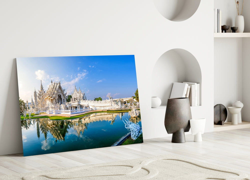 White Temple naga balustrade reflection glass wall art over study reading chair