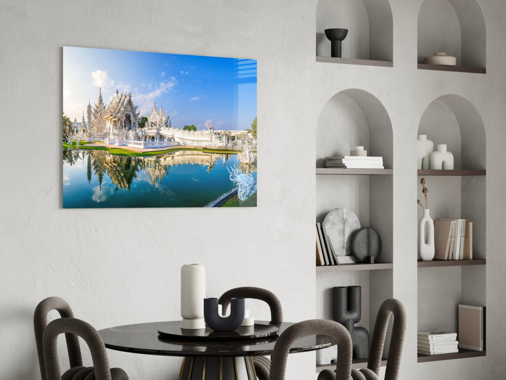 Buddhist contemporary architecture glass wall art in minimalist hallway