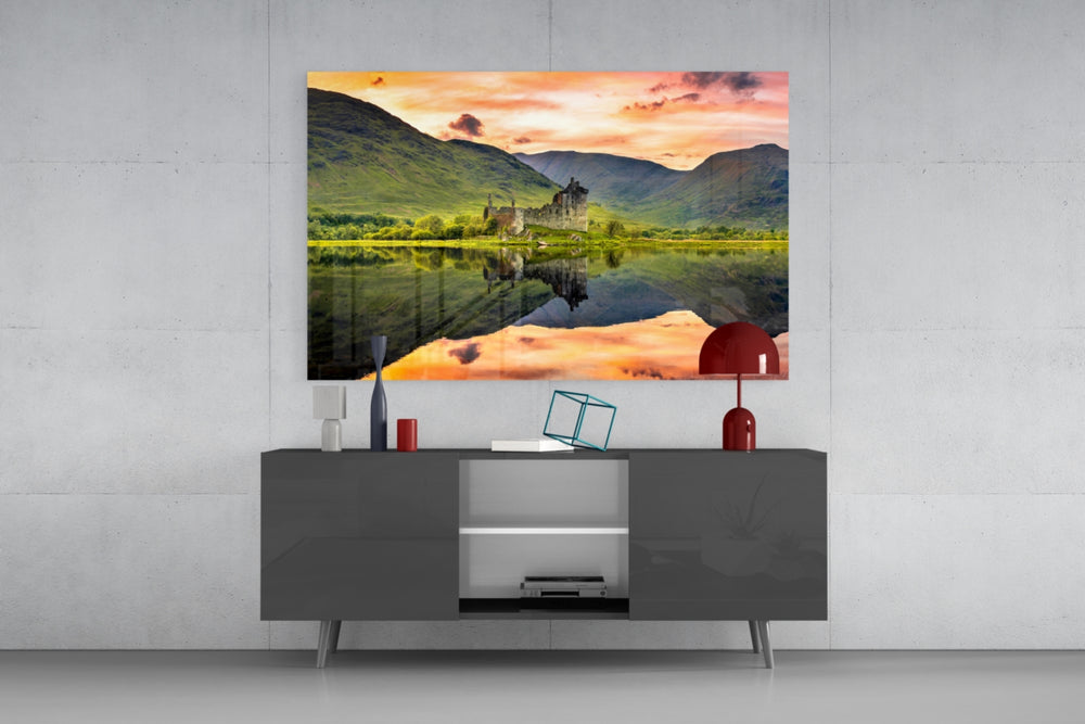 Highland mountain mirror lake glass wall art in cottage hallway