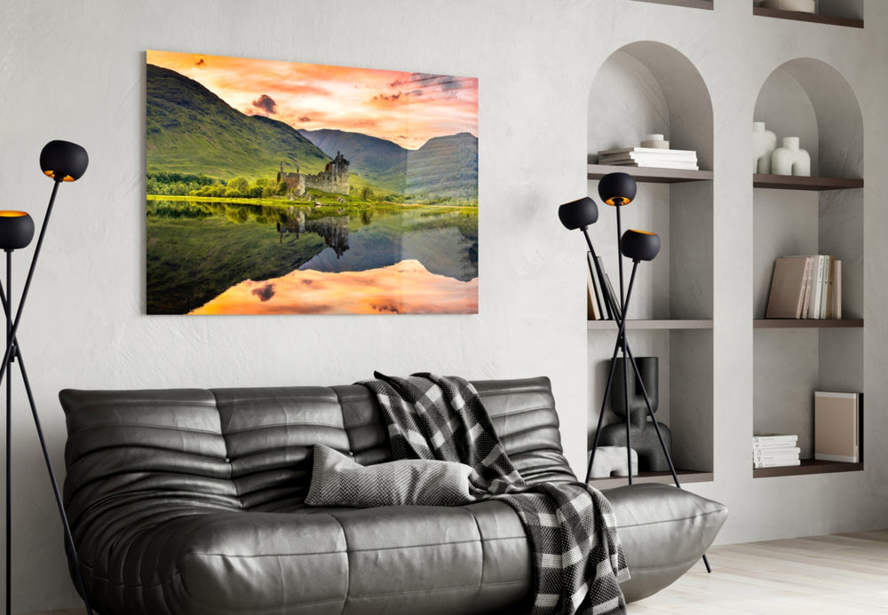 Salmon-sky castle reflection glass wall art over linen sofa in snug living room