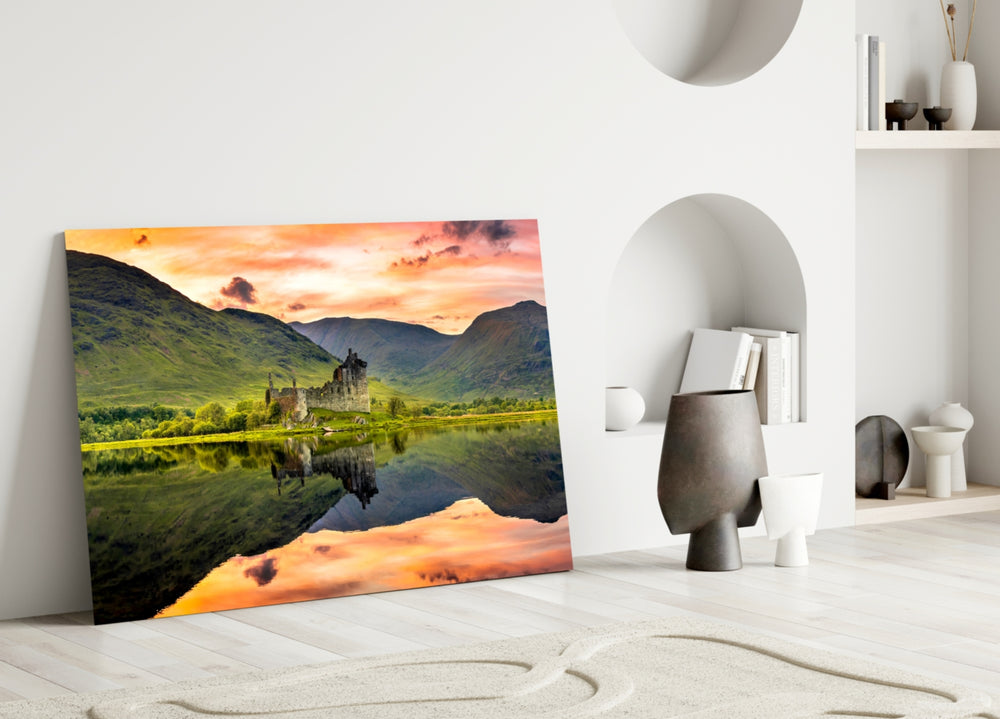 Loch Awe sunset reflection glass wall art above oak dining sideboard
