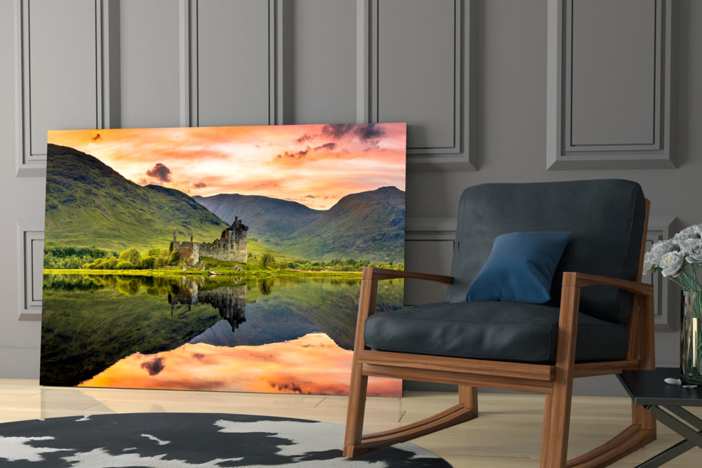 Scottish heritage cinematic glass wall art in master bedroom above headboard