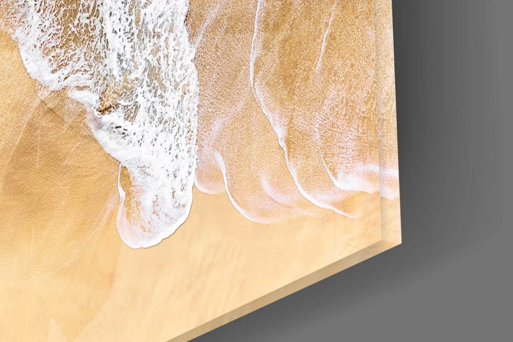 Drone-coast minimalist glass wall art over walnut console with conch-shell vase