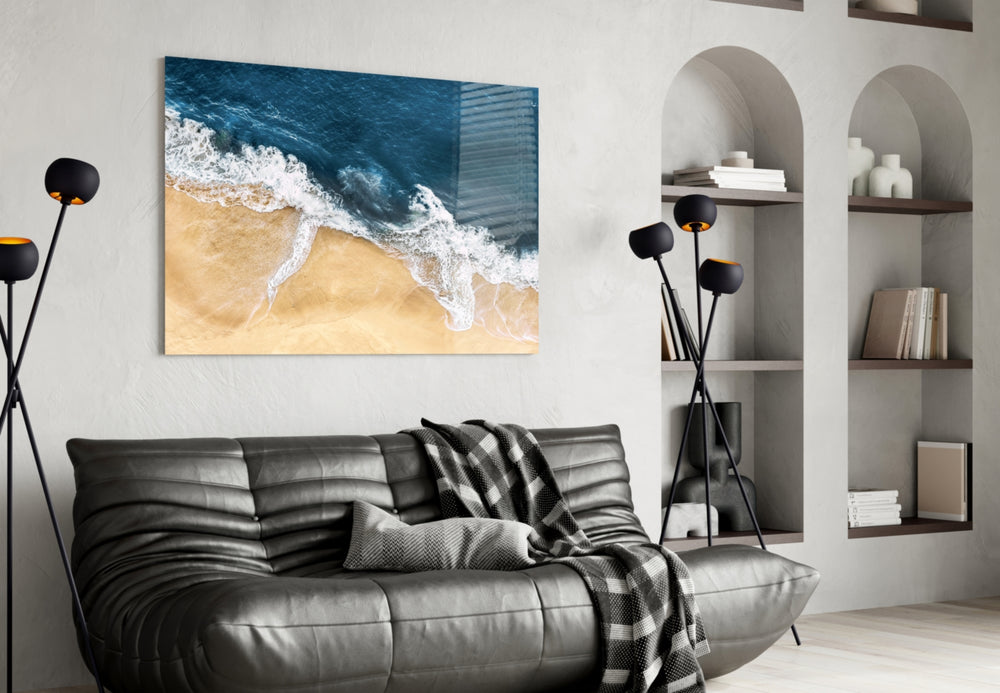 Atlantic shoreline aerial glass wall art in seaside entry hallway