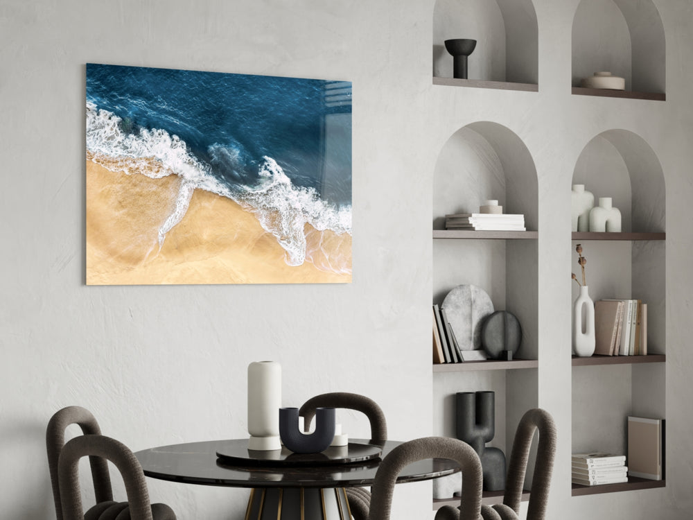 Beach drone photography glass wall art over modern dining sideboard