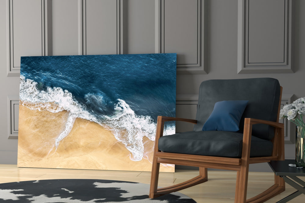 Coastal cinematic minimalist glass wall art in resort suite reading nook