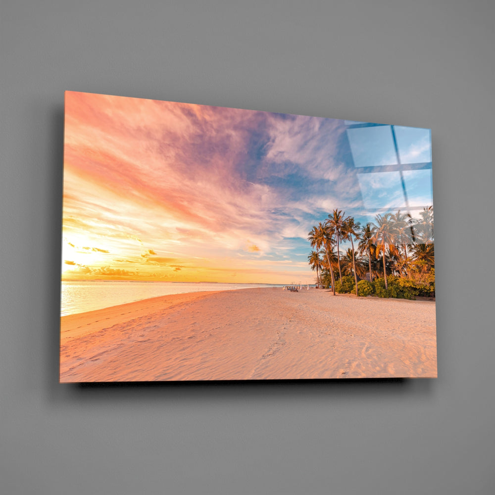 Coral-sky cinematic palm shoreline glass wall art over master-bedroom headboard
