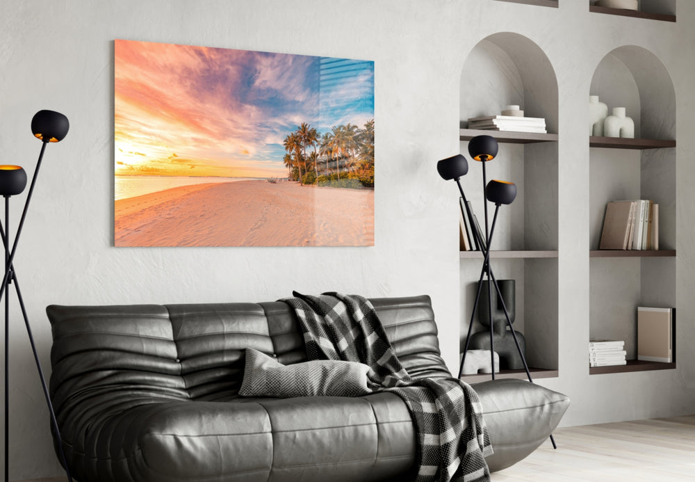 Tropical evening palm cinematic glass wall art over walnut console with shell decor