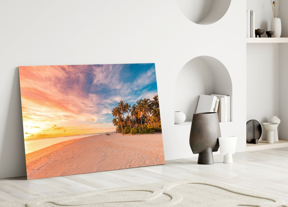 Pink-cirrus beach sunset glass wall art in resort suite hallway