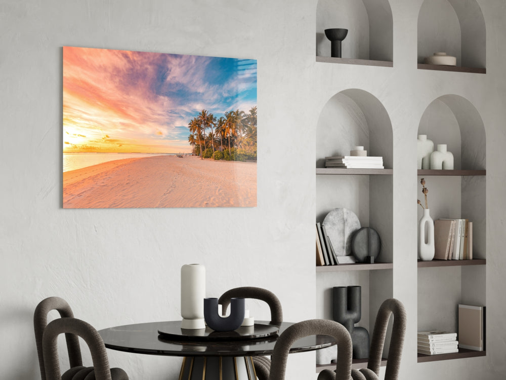 Coconut palm grove sunset glass wall art above modern dining sideboard
