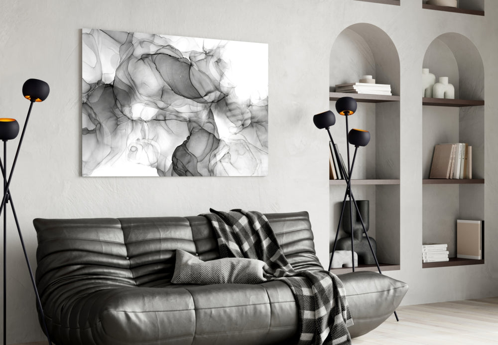 Ethereal ink wash abstract glass wall art over master-bedroom headboard