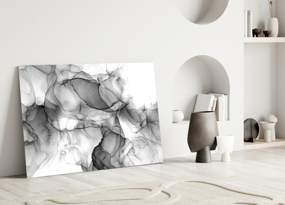 Minimalist alcohol-ink glass wall art in meditation corner with linen cushion