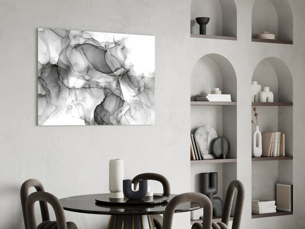Monochrome fluid-art ink glass wall art above modern dining sideboard