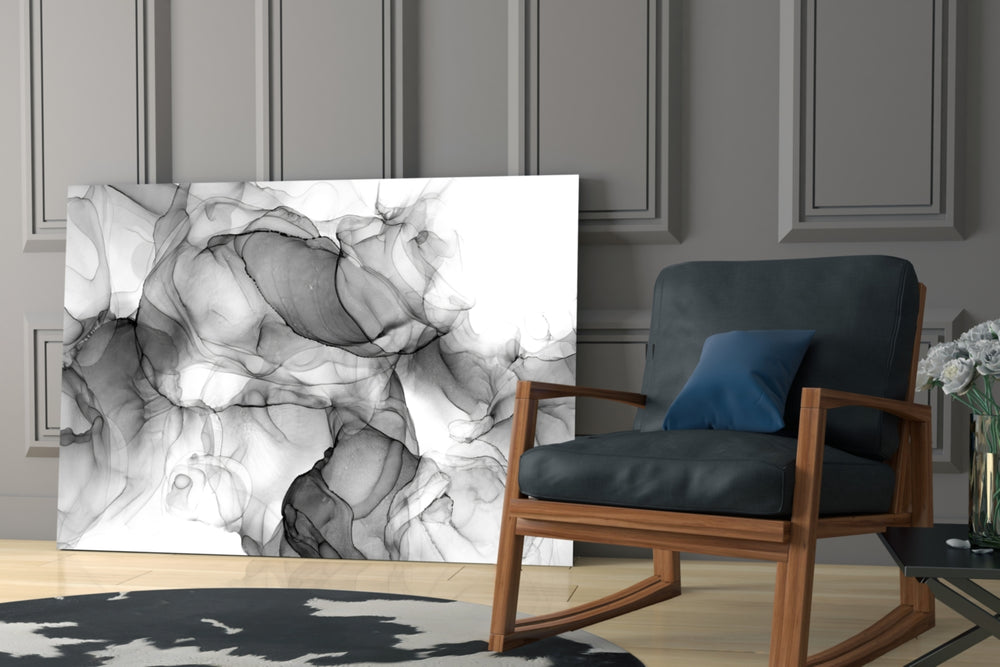 Smoke-and-ivory abstract glass wall art in light-filled gallery hallway