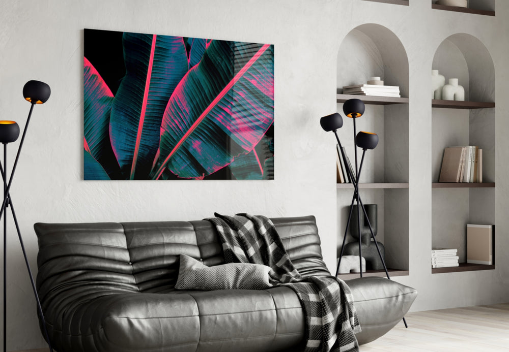 Hot-pink rim-light leaf cinematic glass wall art over walnut bar cabinet