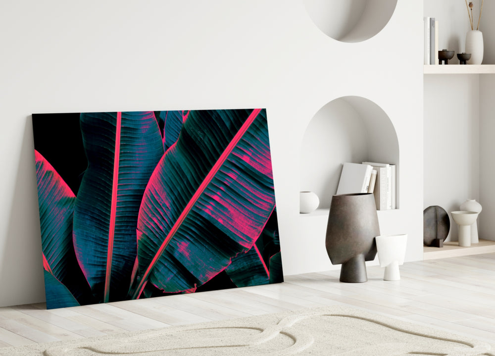 Tropical-modern neon foliage glass wall art in hospitality lounge entry
