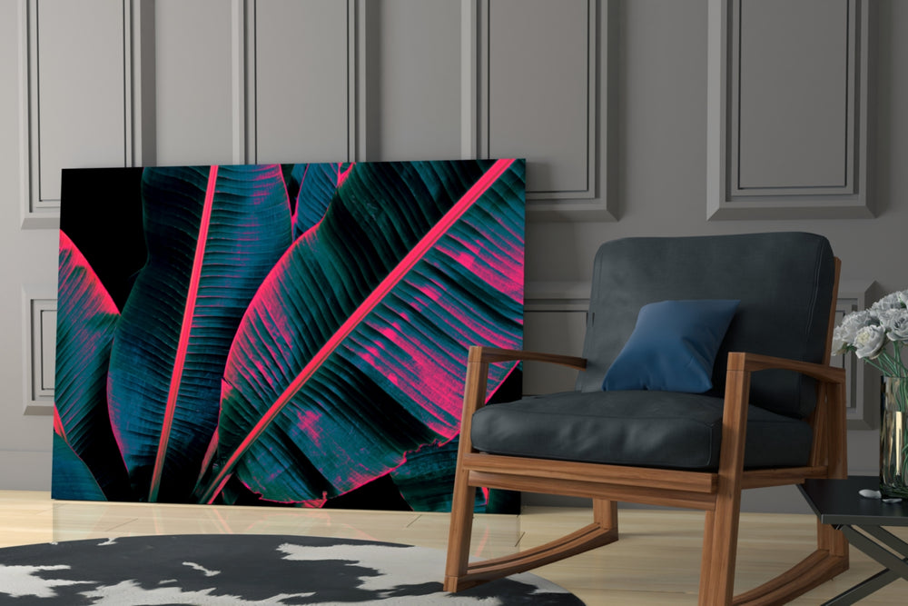 Neon palm-foliage cinematic glass wall art in designer hallway