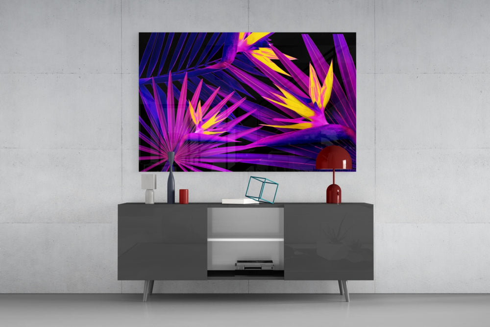 Saffron-violet tropical bloom glass wall art in glamorous home bar