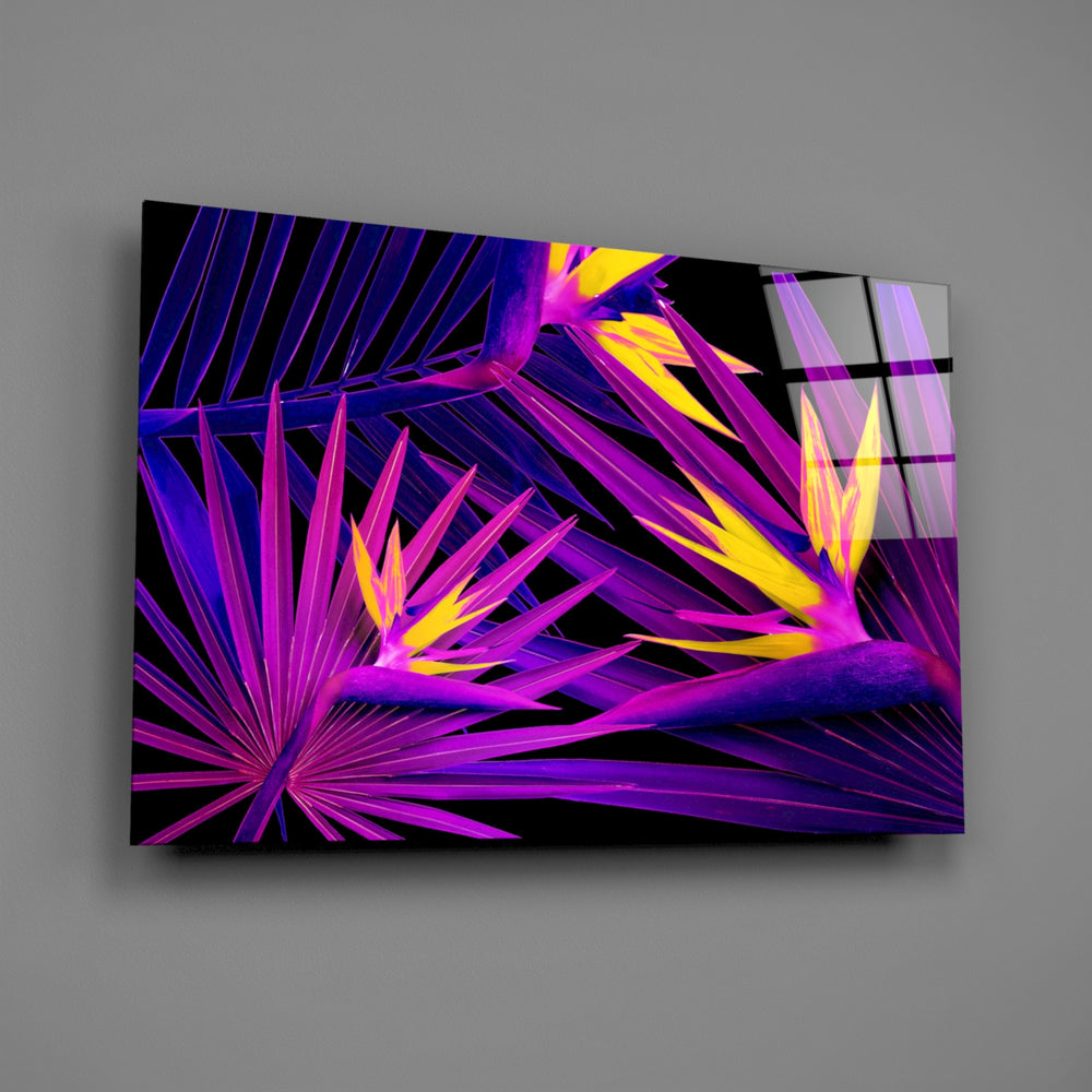 Violet palm-frond saffron-bloom glass wall art in maximalist living room