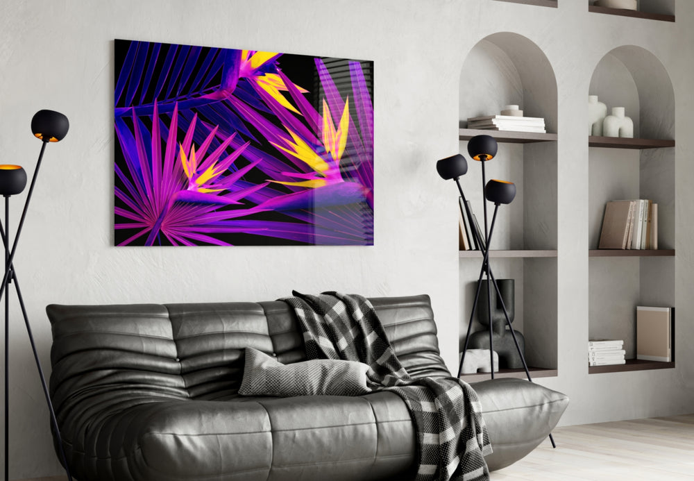 Couture-floral neon cinematic glass wall art in designer fashion atelier entry