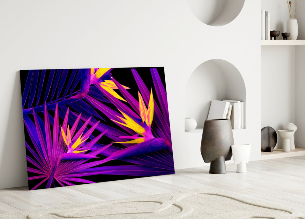 Magenta-and-saffron tropical foliage glass wall art over master-bedroom headboard