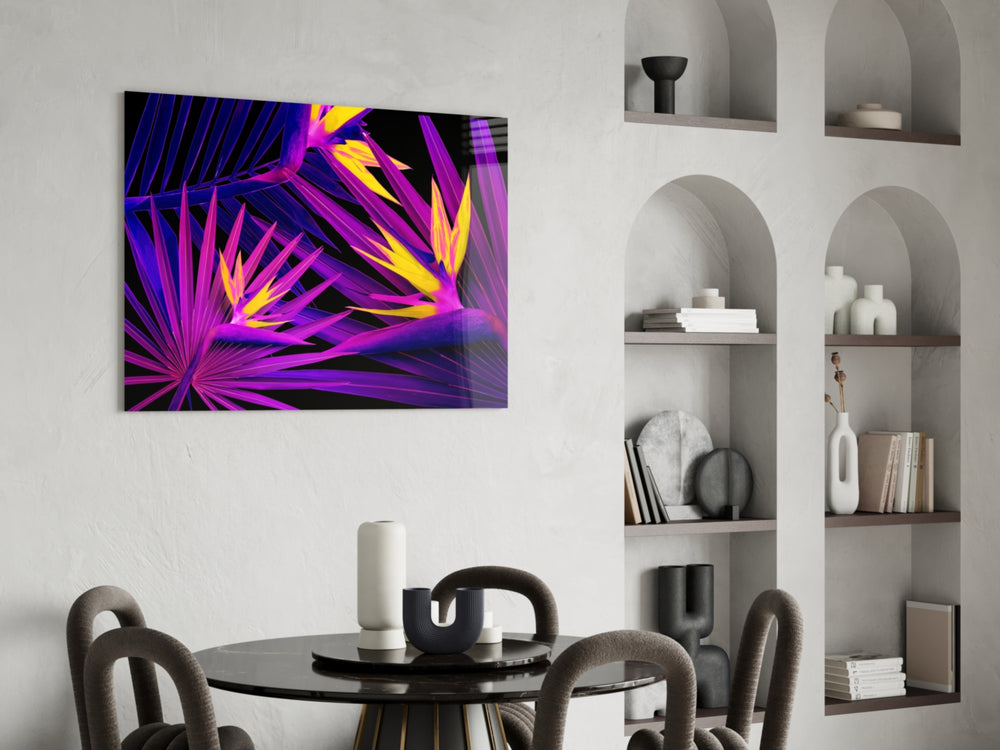 Neon strelitzia jewel-tone glass wall art in dramatic hospitality lounge