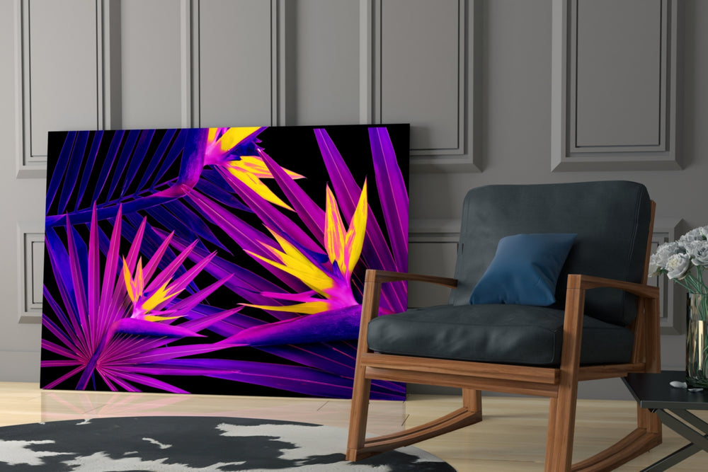 Bird-of-paradise nightclub palette glass wall art over modern dining sideboard