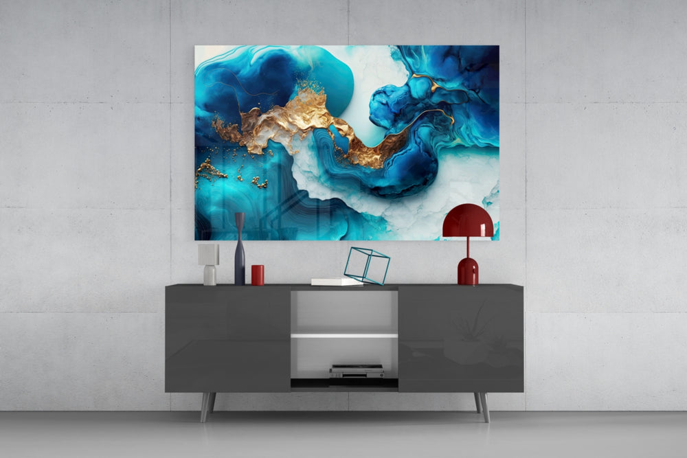 Ivory-and-cobalt marble cinematic glass wall art in designer office