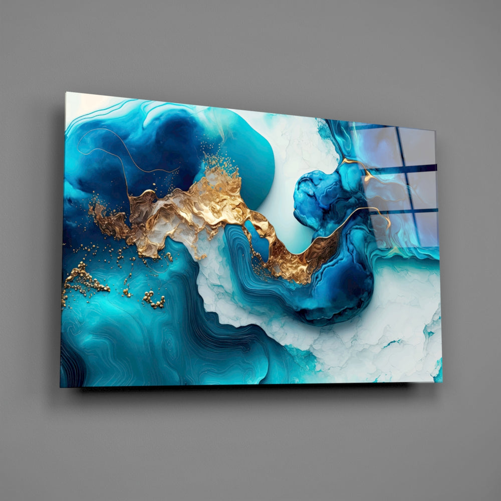 Cobalt-and-gold agate cinematic glass wall art over walnut sideboard with crystal lamp