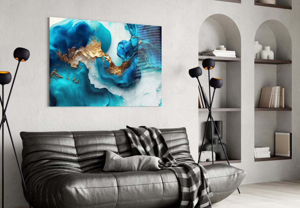 Couture fluid-art marble glass wall art in fashion-house entry lobby