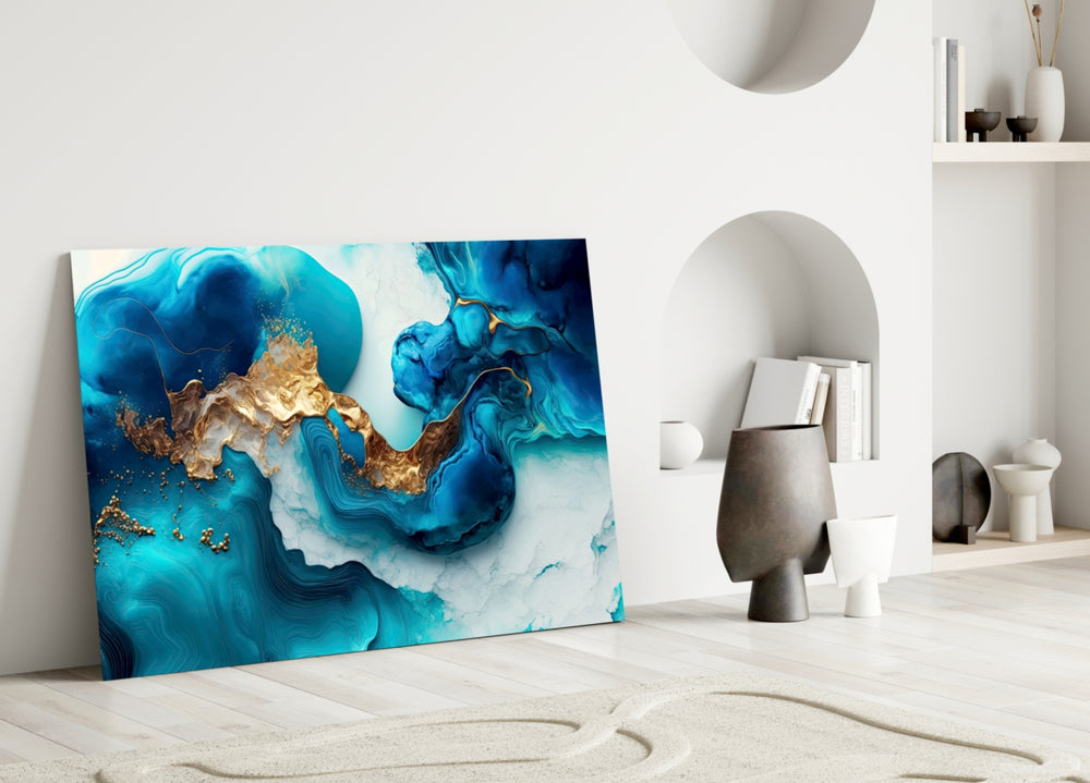 Teal and gold-vein marble glass wall art over master-bedroom headboard