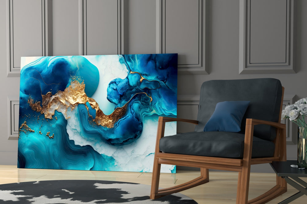 Gold-flecked turquoise abstract glass wall art over modern dining table