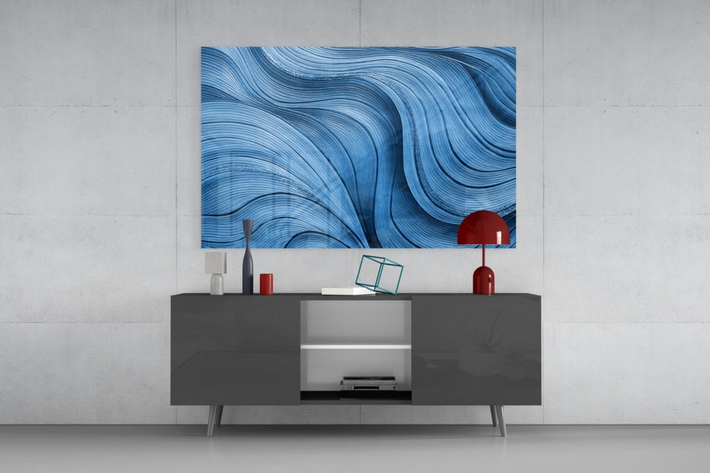 Moonlit-shimmer wave abstract glass wall art in light-filled hallway