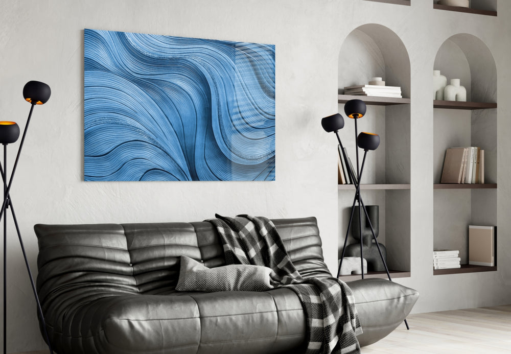 Painterly steel-blue ribbon glass wall art over master-bedroom headboard