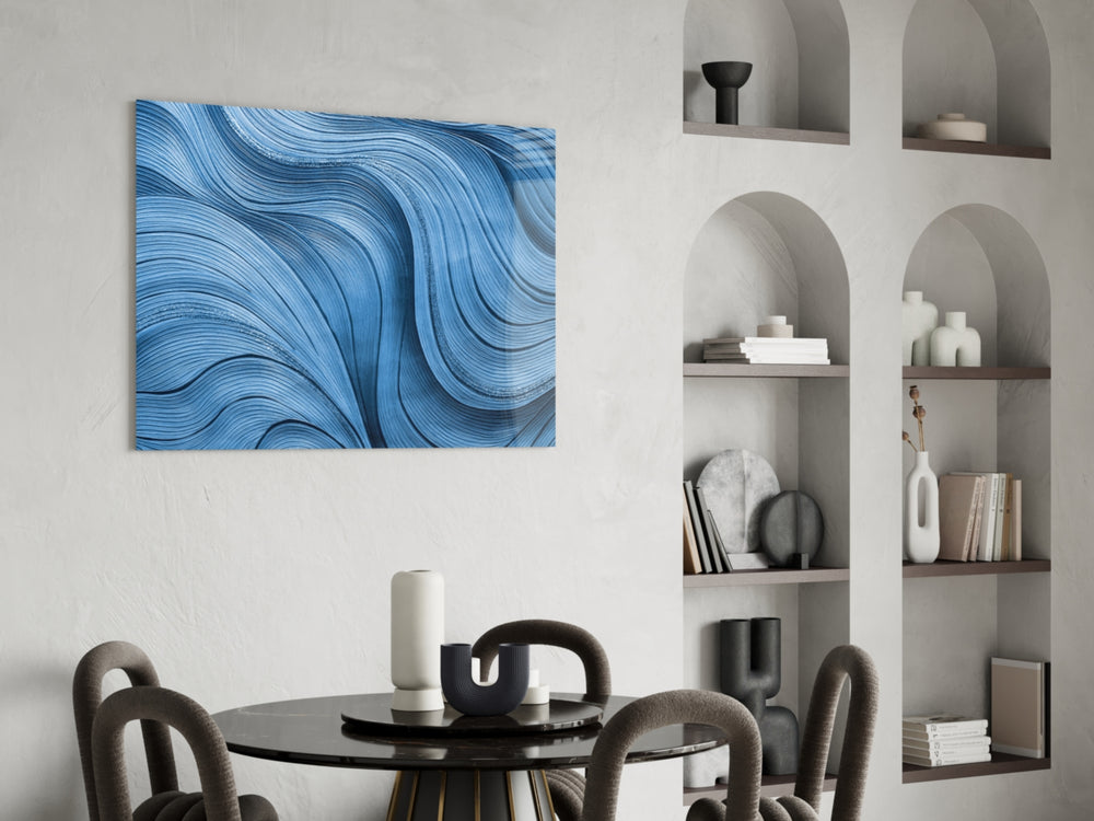 Coastal abstraction painterly glass wall art in spa-style bathroom