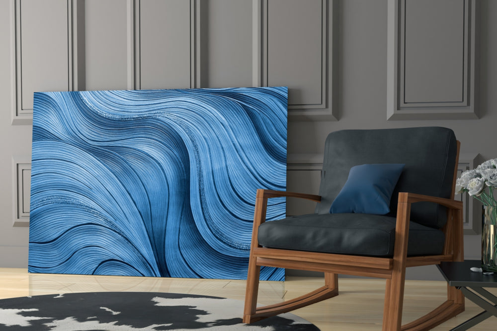 Quilling-paper blue cinematic glass wall art over modern sideboard
