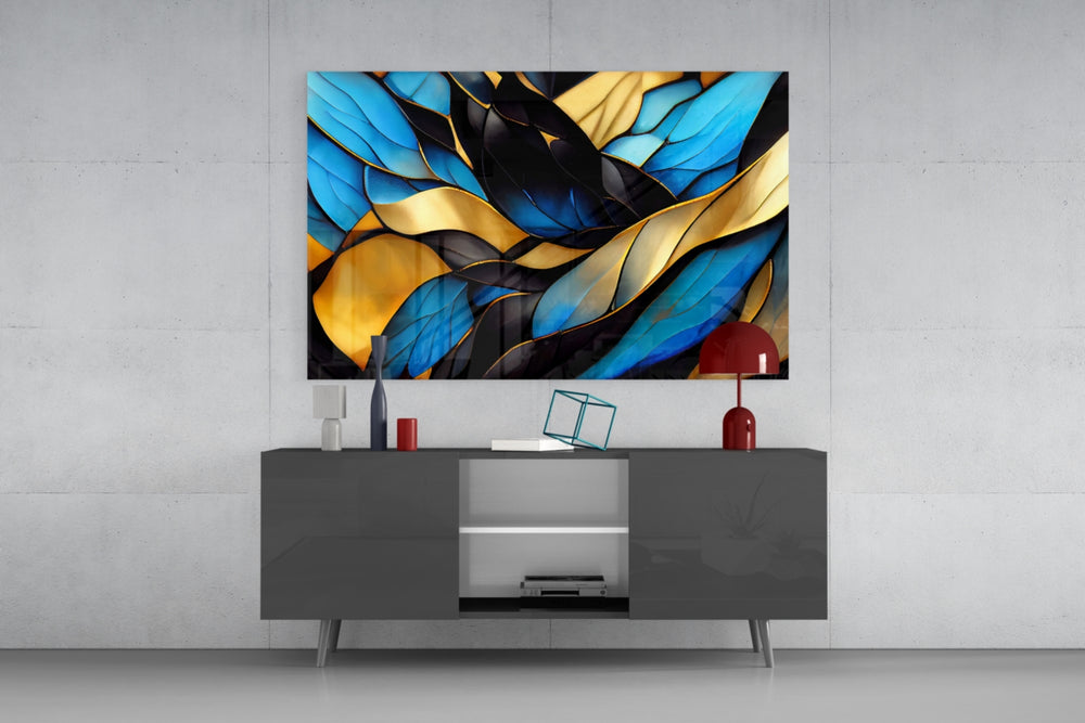 Sapphire-gold leaf cathedral abstract glass wall art in heritage hallway