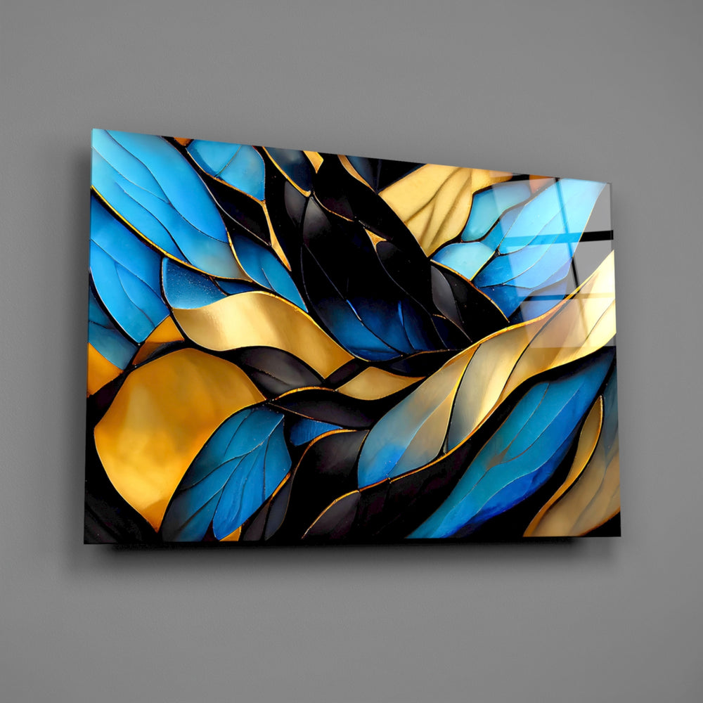 Cathedral-window leaf abstract glass wall art over walnut dining sideboard