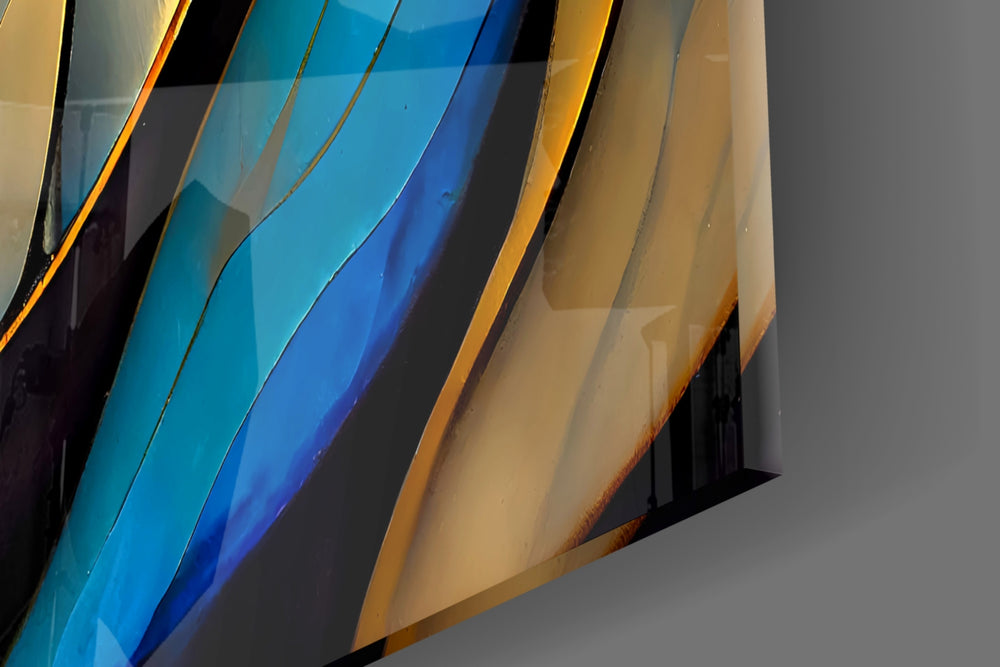 Sapphire-onyx-saffron leaf glass wall art in boutique-hotel suite