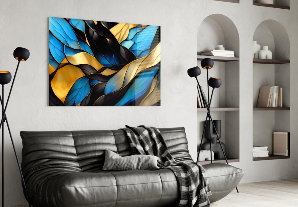 Tiffany-style leaf cinematic glass wall art above linen sofa in glamorous lounge