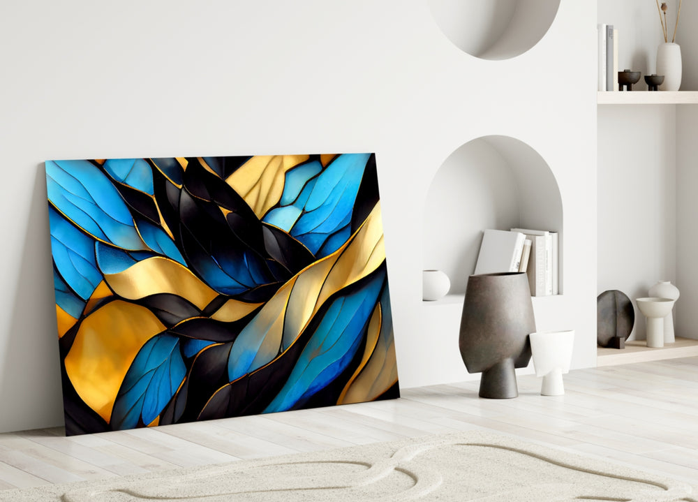 Gold-edged stained-glass abstract over master-bedroom headboard