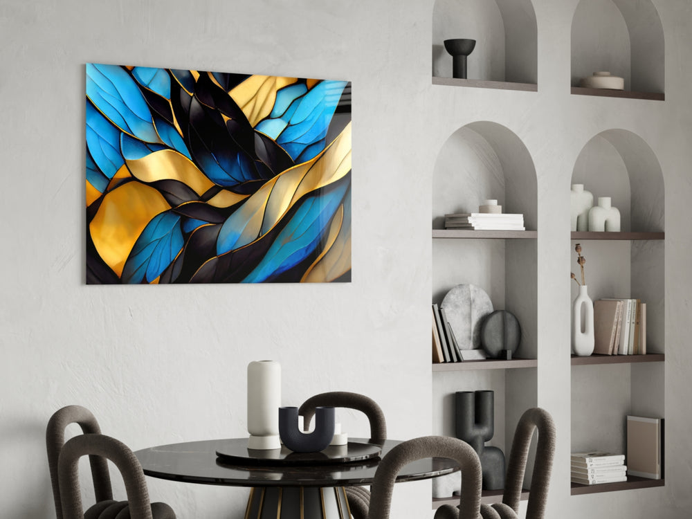 Cathedral-pane leaf jewel-tone glass wall art in designer study