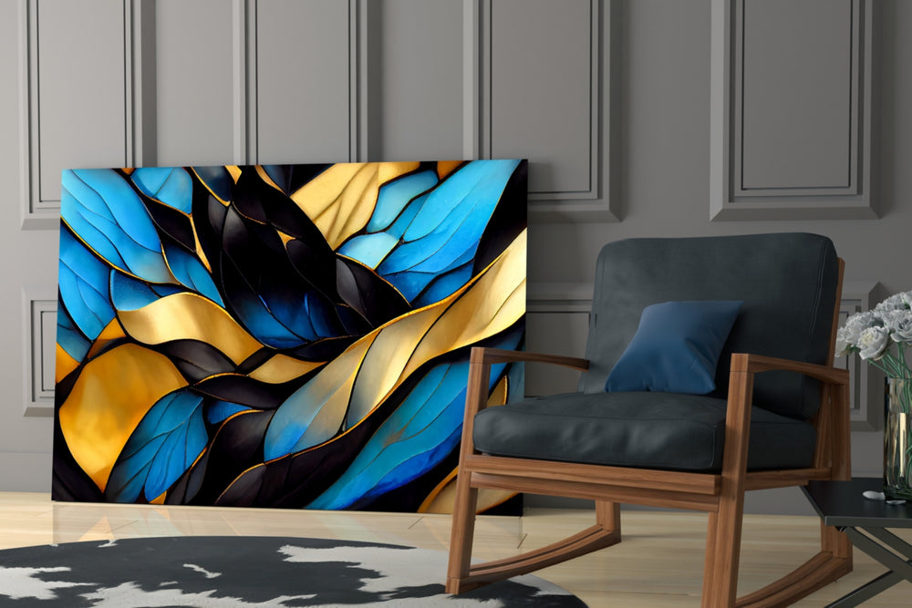 Cinematic stained-glass foliage glass wall art over modern bar cabinet