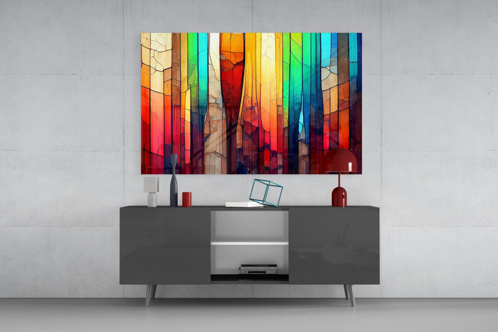 Vertical rainbow color-study glass wall art in art-school office hallway