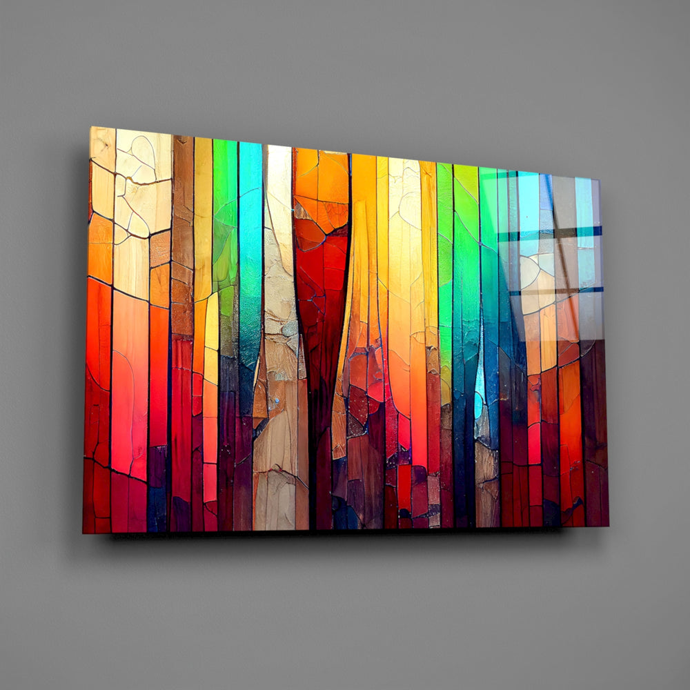 Vertical-band rainbow crackle glass wall art over walnut dining sideboard