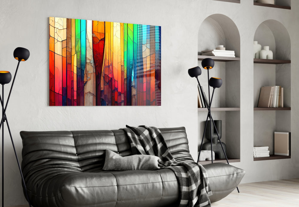 Rainbow stained-glass cinematic glass wall art in hospitality lobby entry