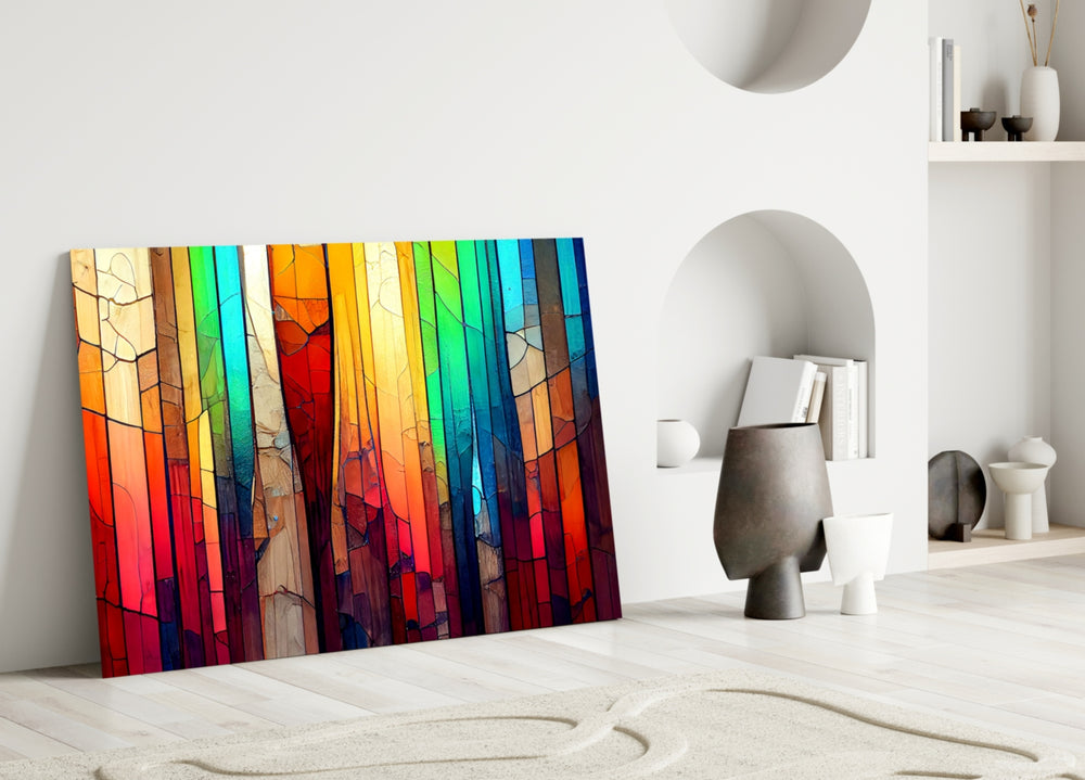 Painterly chromatic-band glass wall art over master-bedroom headboard