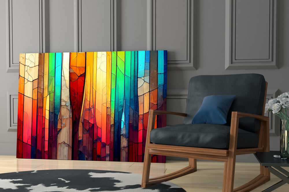 Stained-glass rainbow mosaic glass wall art over modern bar cabinet