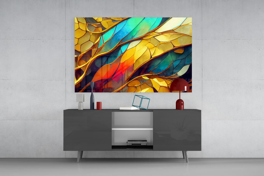Marigold cathedral-leaf mosaic glass wall art in heritage hallway